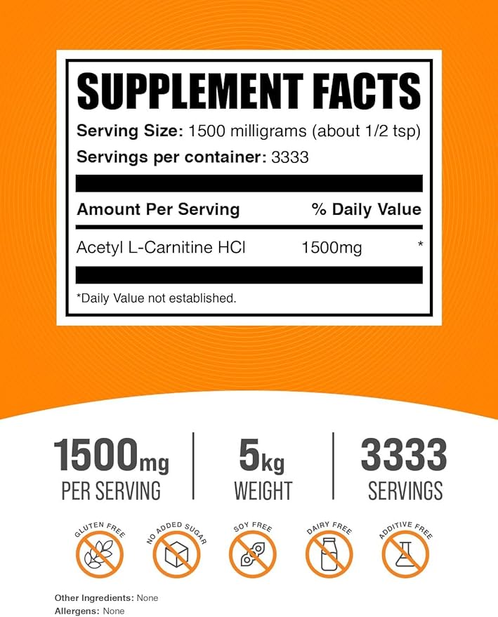 BulkSupplements.com Acetyl L-Carnitine Powder - ALCAR Powder, Acetyl L-Carnitine 1500mg, Carnitine Supplement - Gluten Free, 1500mg per Serving, 5kg (11 lbs) (Pack of 5)