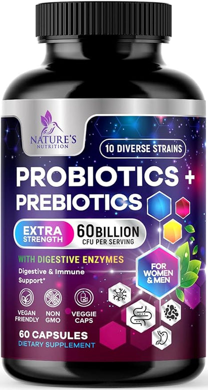 Daily Probiotic and Acidophilus Supplement 60 Billion CFU 10 Strains Capsule for Women & Men - Digestive Gut & Immune Health Support - Supports Occasional Constipation, Gas & Bloating - 60 Capsules