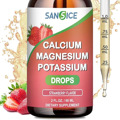 Calcium Magnesium Potassium Supplements,Magnesium Glycinate 400mg Zinc MultiVitamin Drops Calcium Magnesium Supplement High Absorption Vegan Non GMO (60ml/Strawberry Flavor)