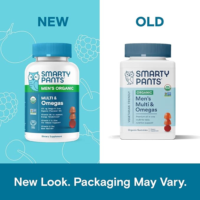 SmartyPants Multivitamin for Men, Organic Gummies: Methylfolate, Omega 3 (ALA), Vitamin D3, C, Vitamin B12, B6, Vitamin A, K & Zinc for Immune Support, Vegetarian, 120 Gummies (30 Day Supply)
