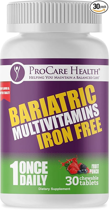 Procare Health Bariatric Multivitamin with Iron 45mg Chewable (30 Tablets) - Fruit Punch Flavor Bariatric Multivitamin Chewable Pills for Gastric Bypass & Sleeve Gastrectomy Patients (01 Month Supply)