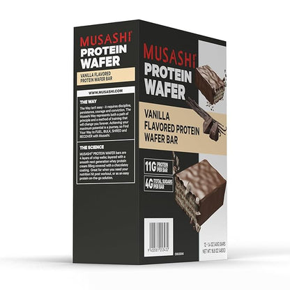 MUSASHI Protein Wafer Bar, 11g Protein, 4g Total Sugars, Vanilla, Post Workout and Protein Snack On The Go, 12 Pack of 1.4oz (40g) Bars