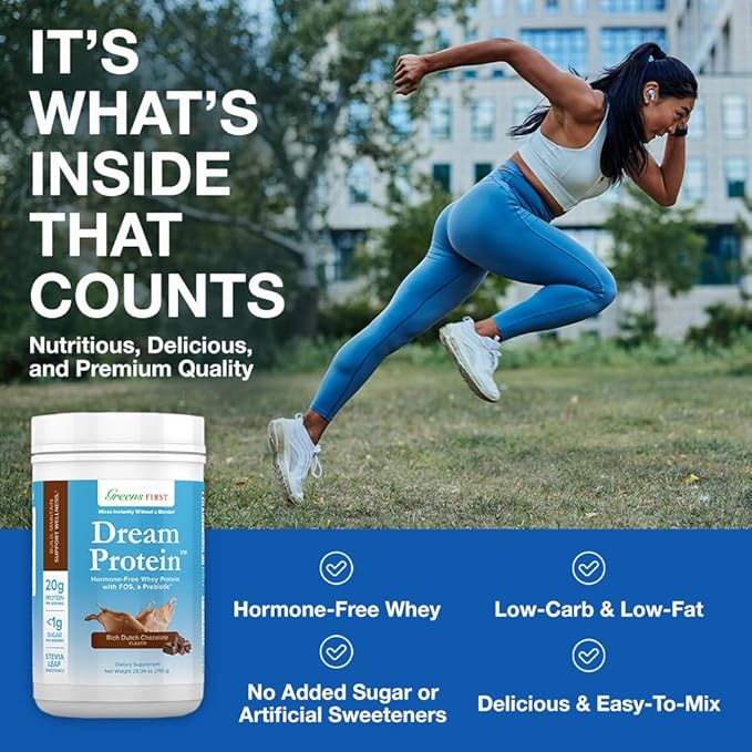 Greens First Dream Whey Protein Powder, Rich Dutch Chocolate, 30 Servings – 20 g Protein – Low Carb Powder – Hormone-Free, Non-GMO, No Artificial Sweeteners/MSG/Aspartame, 28.04 oz