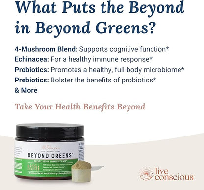 Live Conscious Beyond Greens Superfood Powder - Delicious Debloating Super Greens Powder - Matcha Greens Blend w/Chlorella, Echinacea, Probiotics for Immune Support & Energy