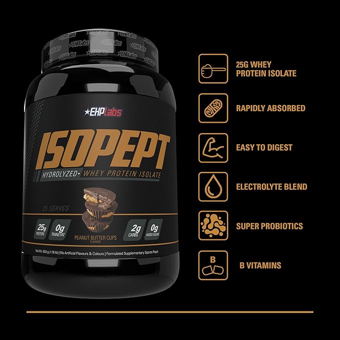 IsoPept Hydrolyzed Whey Protein Powder by EHPlabs - 100% Whey Protein Isolate & Hydrolysate, 27g of Protein, Non-GMO, Gluten Free, Fast Absorbing, Easy Digesting, 27 Serves (Peanut Butter Cups)