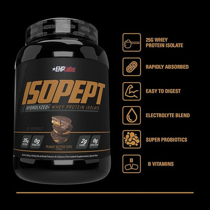 IsoPept Hydrolyzed Whey Protein Powder by EHPlabs - 100% Whey Protein Isolate & Hydrolysate, 27g of Protein, Non-GMO, Gluten Free, Fast Absorbing, Easy Digesting, 27 Serves (Peanut Butter Cups)