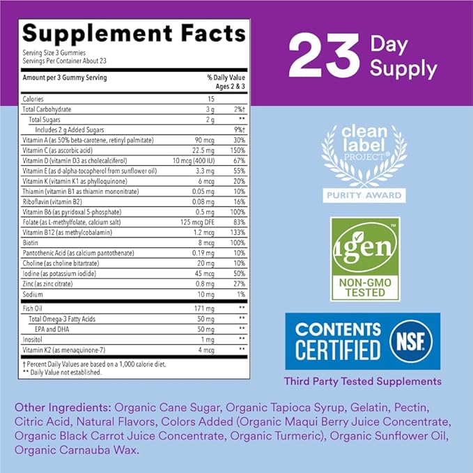 SmartyPants Toddler Multivitamin Gummies: Omega 3 Fish Oil (EPA/DHA), Vitamin D3, C, Vitamin B12, B6, Vitamin A, K & Zinc, Beta Carotene, Gluten Free, Three Fruit Flavors, 70 Count (23 Day Supply)