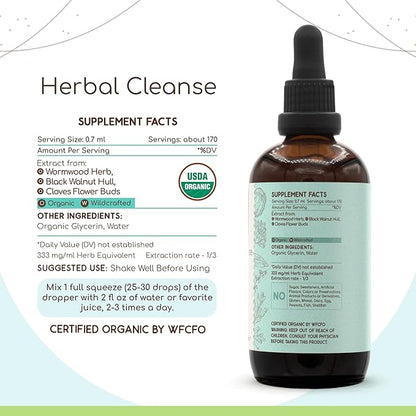Herbal Cleanse Organic Alcohol-Free Tincture | Detox and Cleanse Formula, Extract Supplement | Organic Wormwood Herb, Black Walnut Hull, Cloves Flower Buds | Purge Extract (4 fl oz)