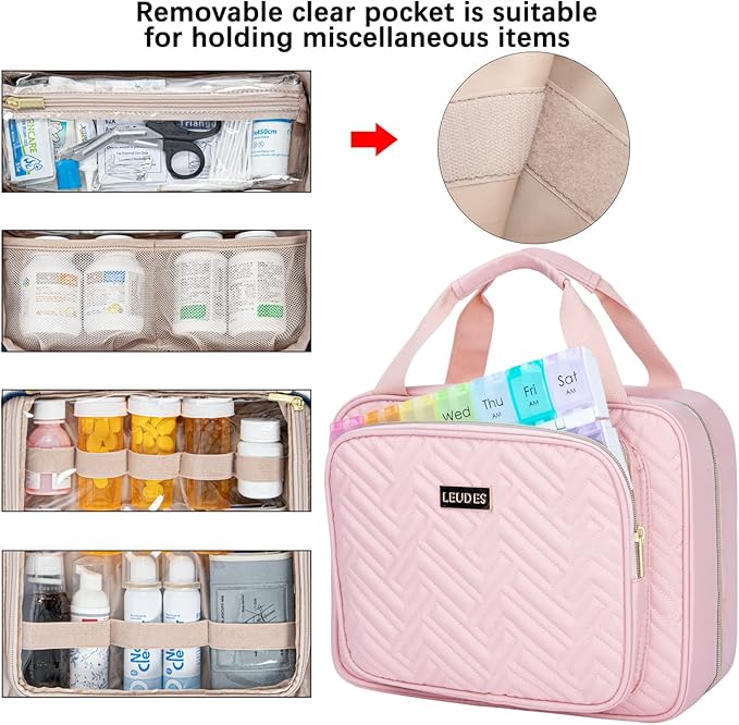 Leudes Travel Pill Bottle Organizer,Medicine Organizer and Storage,Home Medication Bag, Cases,Carrier for Pills,Vitamin,Fish Oil,Supplements for Women and Men (Large, Pink)