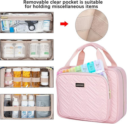 Leudes Travel Pill Bottle Organizer,Medicine Organizer and Storage,Home Medication Bag, Cases,Carrier for Pills,Vitamin,Fish Oil,Supplements for Women and Men (Large, Pink)