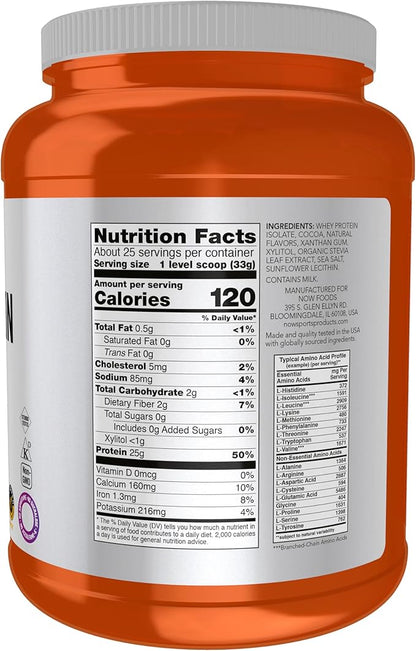 NOW Foods Sports Nutrition, Whey Protein Isolate, 25 g With BCAAs, Creamy Chocolate Powder, 1.8-Pound