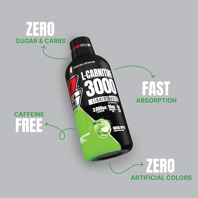 PROSUPPS L-Carnitine Stimulant Free Liquid Shots for Men & Women - Workout Drink for Performance & Muscle Recovery - Clean Energy, No Sugar, No Carbs (31 Servings, 3000 Green Apple)
