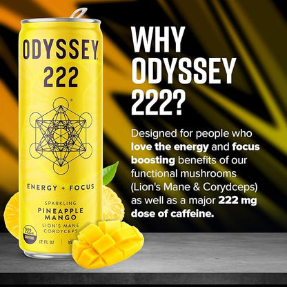 Odyssey Elixir - Odyssey 222 - Sparkling Energy Drink - 222 mg of Caffeine - Lion's Mane & Cordyceps - Energy & Focus - Endurance & Stamina - Nootropic - Pre Workout - Pineapple Mango