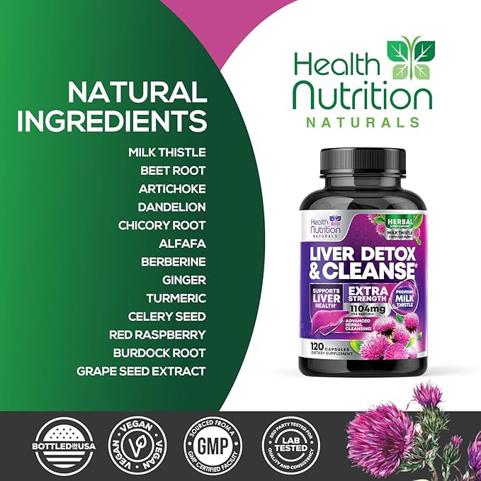 Gentle Liver Cleanse Detox & Repair Formula - Herbal Liver Support Supplement: Milk Thistle with Silymarin, Artichoke Extract, Dandelion, Beet, Chicory Root, & Turmeric for Liver Health - 120 Capsules