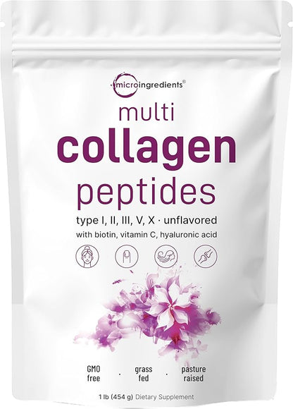 Multi Collagen Peptides Powder, 16 Oz - Hydrolyzed Protein Peptides | Type I,II,III,V,X with Hyaluronic Acid, Biotin & Vitamin C - Unflavored - Keto & Paleo Friendly, Ez Mix in Drinks