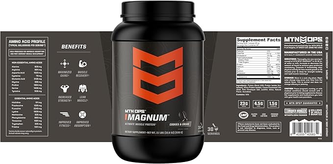 MTN OPS Magnum Cookies & Cream Protein Powder, 23g of Whey Isolate Protein & Milk Protein with BCAAs, Zero Sugar & Gluten Free, Cookies& Cream, 30-Serving Tub