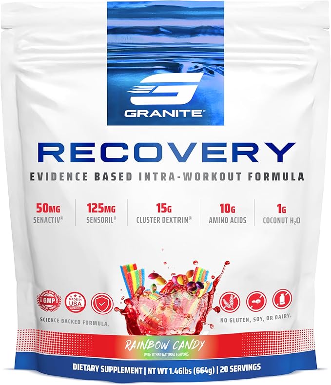 Granite Recovery for Intra & Post Workout |10g Aminos, Electrolytes, Cluster Dextrin for Muscle Recovery & Growth | Amino Acids Supplement with Sensoril | 20 Servings | Rainbow Candy