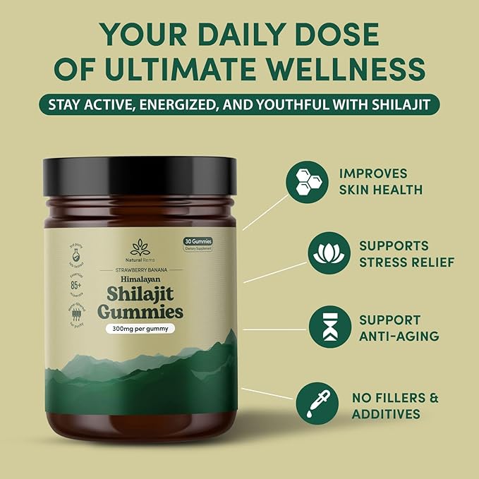 Organic Shilajit Gummies for Men and Women - Lab Tested - Made in USA - Pure Himalayan Organic - Fulvic Acid - Energy and Focus - Holistic Health Supplements (Strawberry Banana)