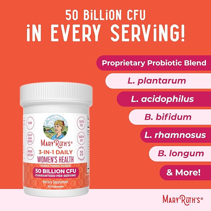 MaryRuth Organics 3-in-1 Daily Health Probiotics for Women | Clinically Tested | Hormone Support & Gut Health Supplement for Women | Supplement for Women | 50 Billion CFU | Allergen Free | 30 ct