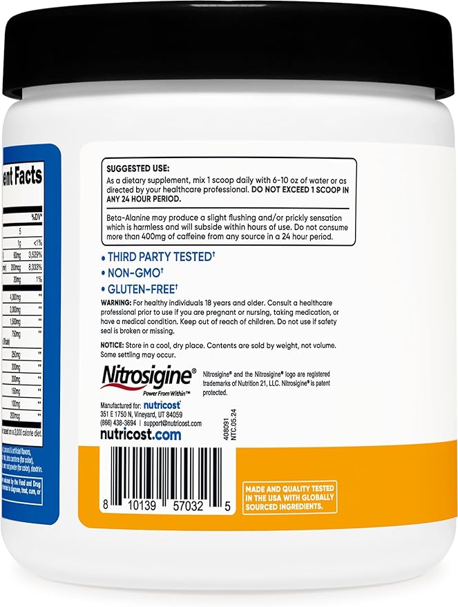 Nutricost Pre-Workout Complex Powder (30 Servings, Peach Mango) - Pre-Workout Supplement with Beta-Alanine, Taurine & Amino Acids