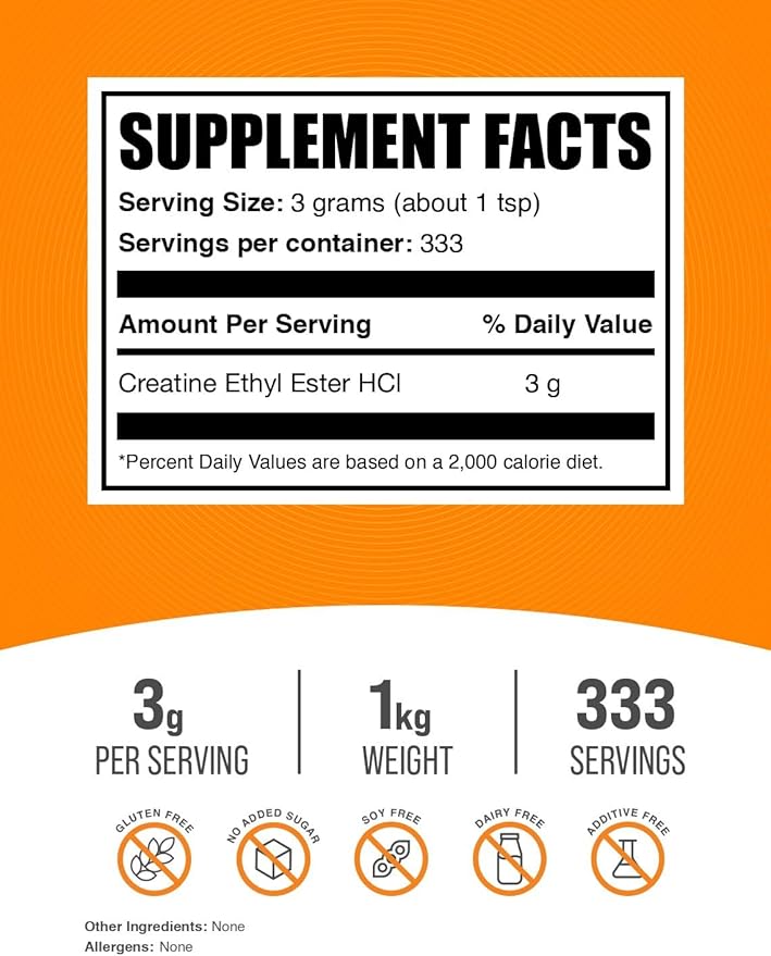 BulkSupplements.com Creatine Ethyl Ester HCl Powder - Creatine Supplement, Creatine Ethyl Ester Powder - Unflavored & Gluten Free, 3g per Serving, 1kg (2.2 lbs) (Pack of 1)
