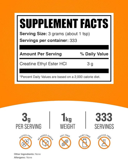 BulkSupplements.com Creatine Ethyl Ester HCl Powder - Creatine Supplement, Creatine Ethyl Ester Powder - Unflavored & Gluten Free, 3g per Serving, 1kg (2.2 lbs) (Pack of 1)