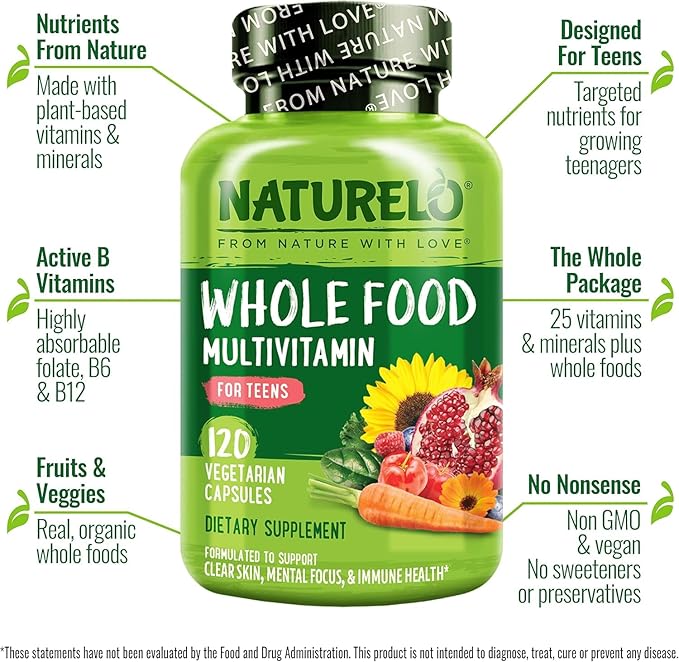 NATURELO Whole Food Multivitamin for Teens - with Vitamins & Minerals for Teenage Boys & Girls - Supplement for Active Kids - Non-GMO - Vegan & Vegetarian - 120 Capsules
