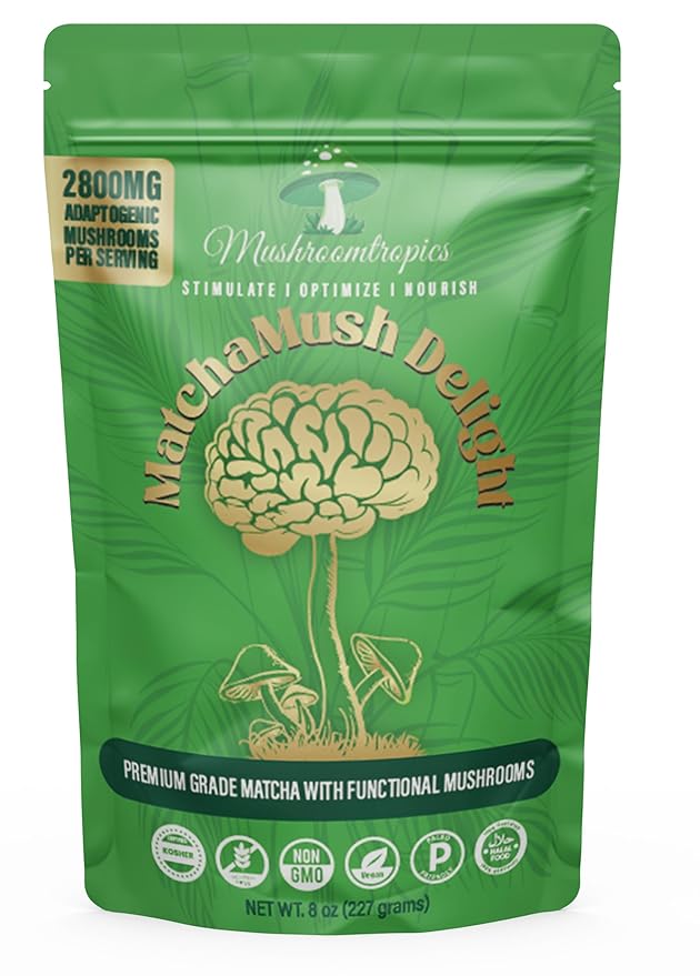 Mushroomtropics Matcha Mush Delight Mushroom Coffee Alternative, 2,800mg Adaptogenic Mushroom Blend and Fiber per Serving. for Better Energy, Bloating Relief, Mental Clarity and Immunity 30 Servings