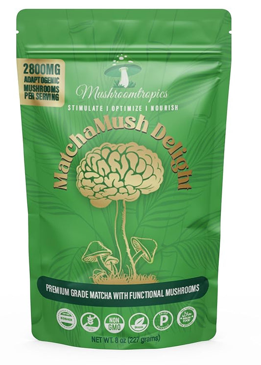 Mushroomtropics Matcha Mush Delight Mushroom Coffee Alternative, 2,800mg Adaptogenic Mushroom Blend and Fiber per Serving. for Better Energy, Bloating Relief, Mental Clarity and Immunity 30 Servings