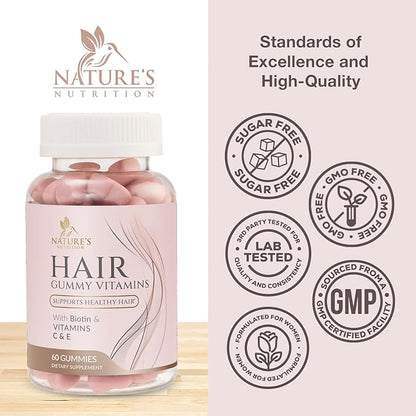 Sugar Free Hair Vitamins Gummies with Biotin 5000 mcg, Vitamin A, B12, C, D, E, Folic Acid, Supports Hair Growth Gummy, Vegetarian Friendly, Supports Strong Beautiful Hair and Nails - 60 Gummies
