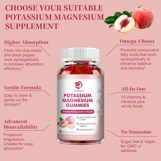 Potassium Magnesium Gummies - High Absorption Magnesium Glycinate 500mg & Potassium Citrate 200mg Plus Omega 3, B6, D3, K2 & Calcium - Chewable Gummy for Leg Cramps, Immunity & Energy - 60 Count