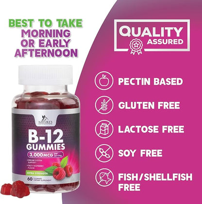 B12 Gummies, Extra Strength Energy 3000 mcg Vitamin B12, B-12 Energy Metabolism & Immune System Support, Chewable Supplement for Adults & Kids, Caffeine Free, Berry Flavored Gummy, Vegan - 60 Count