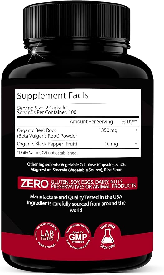 Organic Beet Root Powder 1350mg 200 Veggie caps Superfood Nitric Oxide Strongest Premium Supplement Natural Nitrates | Black Pepper for Best Benefits | Vegan, Non-GMO, & Gluten-Free | Made in USA