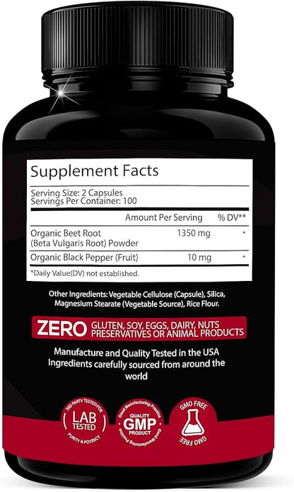 Organic Beet Root Powder 1350mg 200 Veggie caps Superfood Nitric Oxide Strongest Premium Supplement Natural Nitrates | Black Pepper for Best Benefits | Vegan, Non-GMO, & Gluten-Free | Made in USA