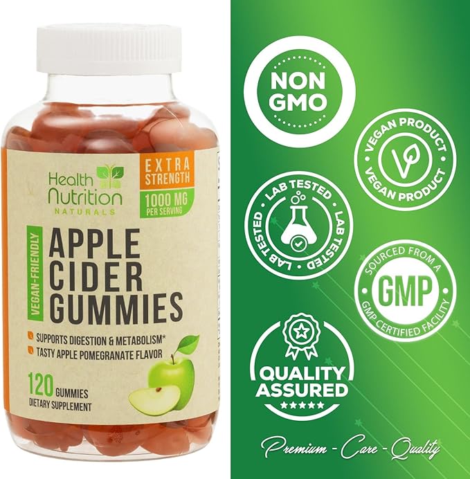 Vegan Apple Cider Vinegar Gummies | Max Strength 1000mg | ACV Supplement Gummy Vitamins for Adults, Supports Digestion, Metabolism, Natural Apple Flavor with Mother, Gluten Free, Non-GMO - 120 Gummies