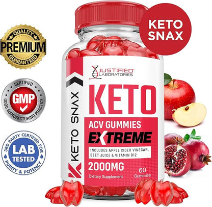 (5 Pack) Keto Snax Keto ACV Gummies Extreme 2000MG Keto Snax Keto Gummies Advanced Formula Apple Cider Vinegar with Pomegranate Beet Juice Powder B12 Vegan Non GMO 300 Gummys