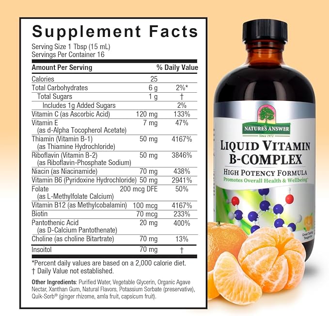 Nature's Answer Liquid Vitamin B-Complex Supports Healthy Energy Levels | Promotes Healthy Nerve Function | All-Natural Tangerine Flavor | Gluten-Free & Benzoate-Free 8oz