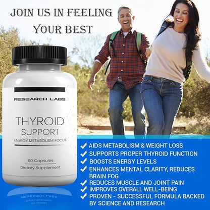 Research Labs Thyroid Support + Iodine Supplement - Energy, Metabolism, Focus (120 Total Capsules) - 2 Pack. Supports Proper Hormone Levels for Overall Well-Being. Made in USA.