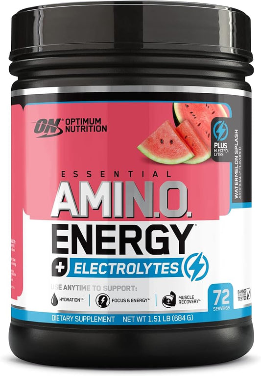 Optimum Nutrition Essential AMIN.O Energy & Electrolytes - Energy, Focus & Post-Workout Muscle Recovery - Watermelon Pre-Workout Electrolyte Powder Drink - Watermelon Splash, 1.51 lb (72 Servings)