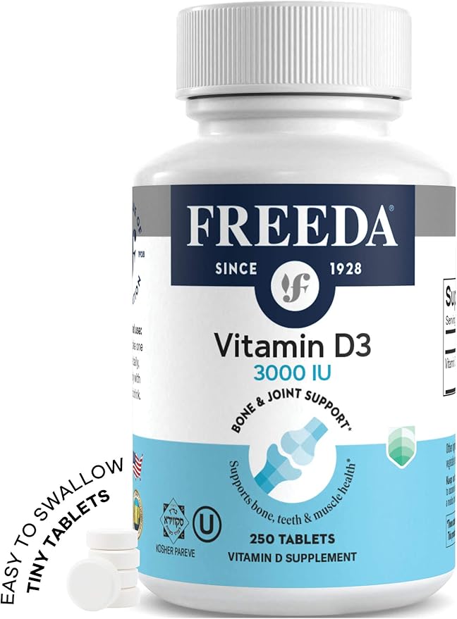 FREEDA Vitamin D3-3000 IU - Pure High Potency Kosher Supplement Tablets - Bone and Muscle Health, Calcium Absorption, Immune Support for Men and Women* - 250 Count