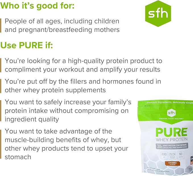 SFH Pure Whey Protein Powder Best Tasting Grass Fed Whey | All Natural | Non-GMO, No Artificials, Soy Free, Gluten Free (Churro, 20 Serving Bag)