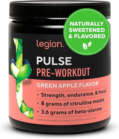 LEGION- All Natural Nitric Oxide Preworkout Drink to Boost Energy, Creatine Free, Naturally Sweetened, Beta Alanine, Citrulline, Alpha GPC (Green Apple)