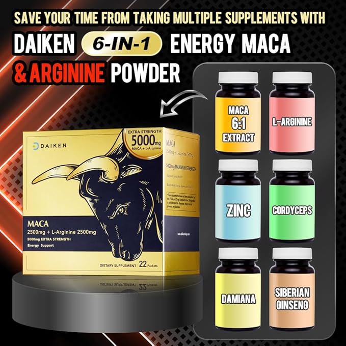 DAIKEN Peruvian Maca Root Powder Extra Strength 15,000 mg, Gelatinized Black, Red, Yellow Maca Blend with L-Arginine (2,500 mg) for Men and Women, Superior Absorption, Vegan, Lab Tested - 22 Packets