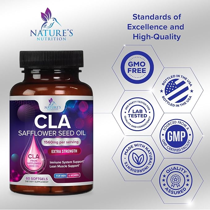 CLA Supplement, Conjugated Linoleic Acid 1560mg - Extra Strength CLA Supplement Pills - Support Body Composition, Lean Muscle Tone, & Energy - Safflower Capsules, Gluten Free, Non-GMO - 60 Softgels
