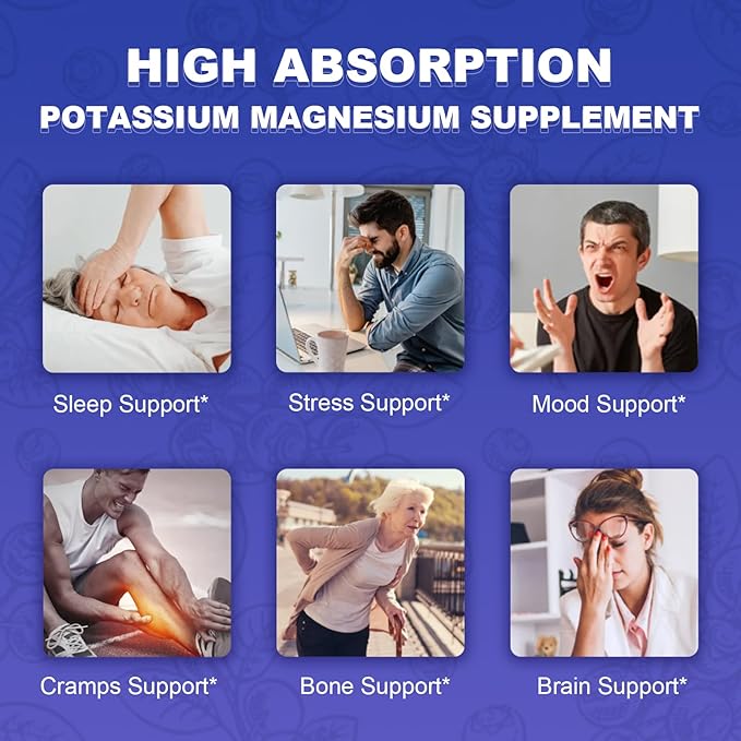 Potassium Magnesium Supplement Gummies,Magnesium Glycinate 500mg,Potassium Gluconate 99mg,Triple Magnesium Complex 1700mg,Calcium,Zinc,Vitamin D3 for Leg Cramps,Sleep,Immunity & Energy,120 Ct
