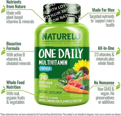 NATURELO Mens Multivitamins - One Daily Multivitamin for Men with Vitamins, Minerals & Organic Whole Foods, Boost Energy & Health, Non-GMO, 240 Vegetarian Capsules