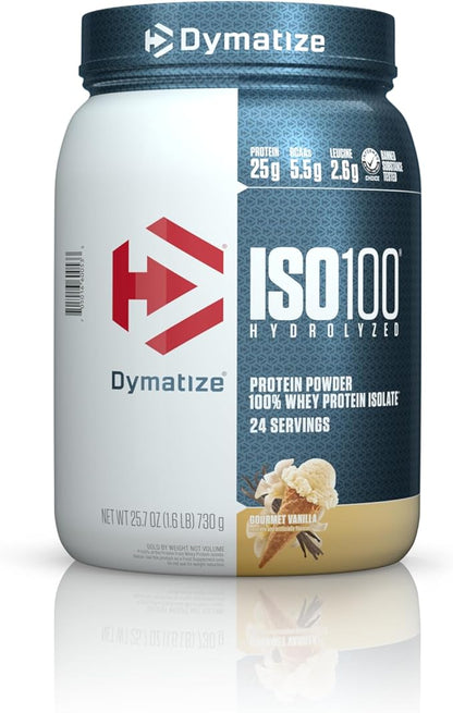 Dymatize ISO100 Hydrolyzed Protein Powder, 100% Whey Isolate Protein, 25g of Protein, 5.5g BCAAs, Gluten Free, Fast Absorbing, Easy Digesting, Gourmet Vanilla, 24 Servings