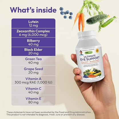 ANDREW LESSMAN Ultimate Eye Support 30 Softgels - 12mg Lutein, 6mg Zeaxanthin, Bilberry, Key Nutrients to Support Eye Health and Promote Healthy Vision. No Additives. Easy to Swallow Softgels