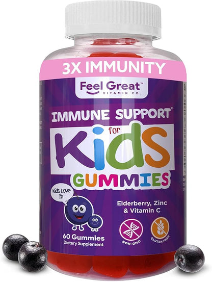 Feel Great Immune Support for Kids | Vitamin C Zinc & Elderberry Gummies for Kids | Sambucus Nigra Immunity Multivitamin for Kids | Vegetarian Multivitamin Gummies | 60 Day Supply