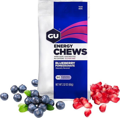 GU Energy Chews, Blueberry Pomegranate Energy Gummies with Electrolytes, Vegan, Gluten-Free, Kosher, and Dairy-Free On-The-Go Energy for Any Workout, 12 Bags (24 Servings Total)